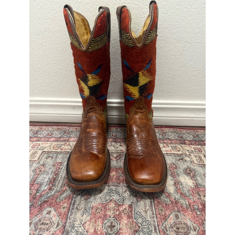Stetson Brown Leather Southwestern Wool Textile Square Toe Western Boots 7B